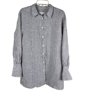 Nordstrom Signature 100% Linen Striped Button Down Oversized Shirt Blue White‎